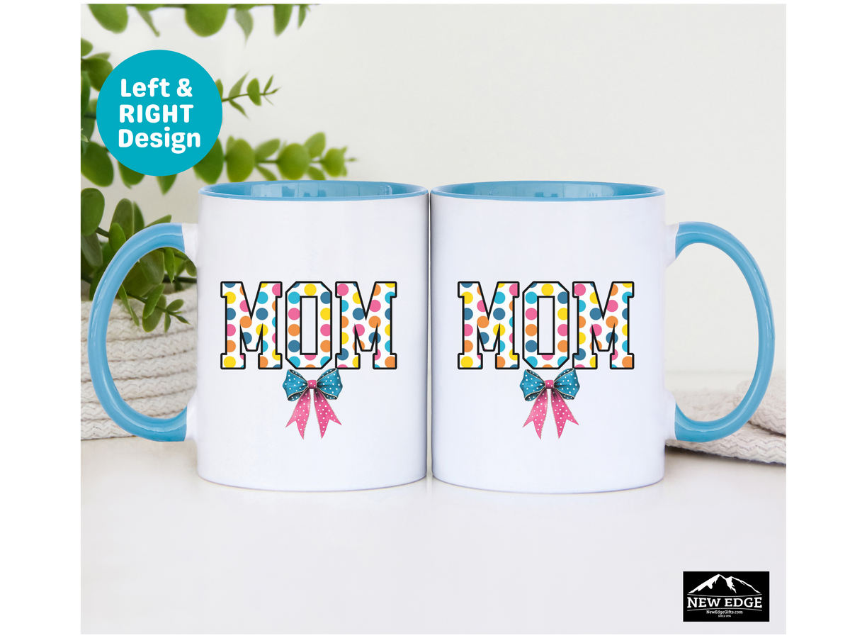 Mom Accent Mug – 11oz & 15oz – Poker Retro Dots with Coquette Bow Design – Cute Coffee Cup Gift for Moms