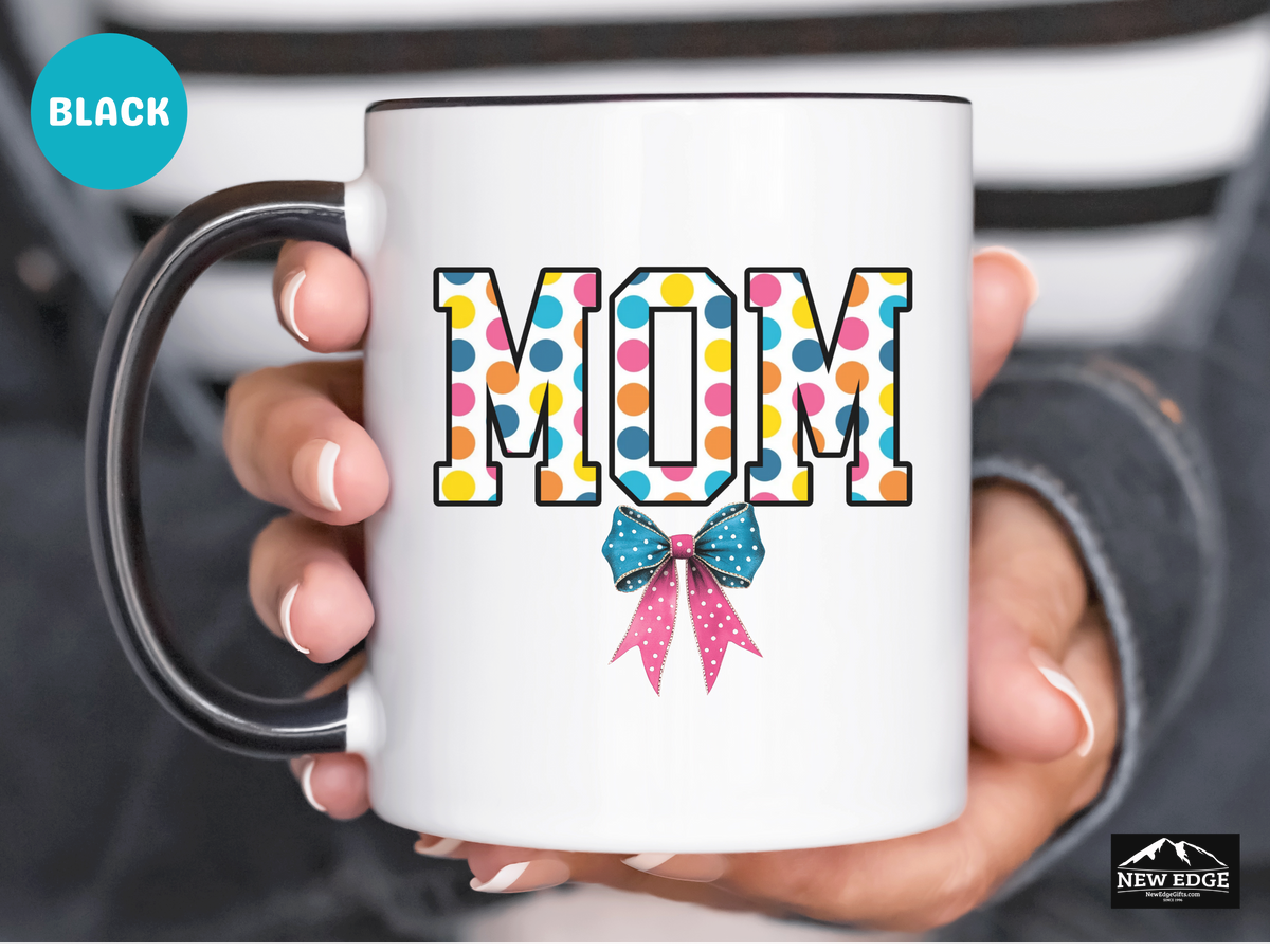 Mom Accent Mug – 11oz & 15oz – Poker Retro Dots with Coquette Bow Design – Cute Coffee Cup Gift for Moms