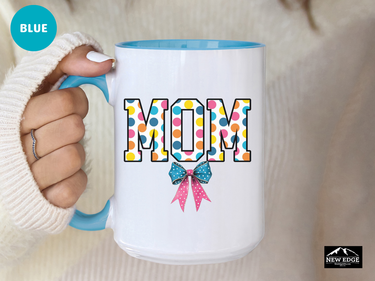 Mom Accent Mug – 11oz & 15oz – Poker Retro Dots with Coquette Bow Design – Cute Coffee Cup Gift for Moms