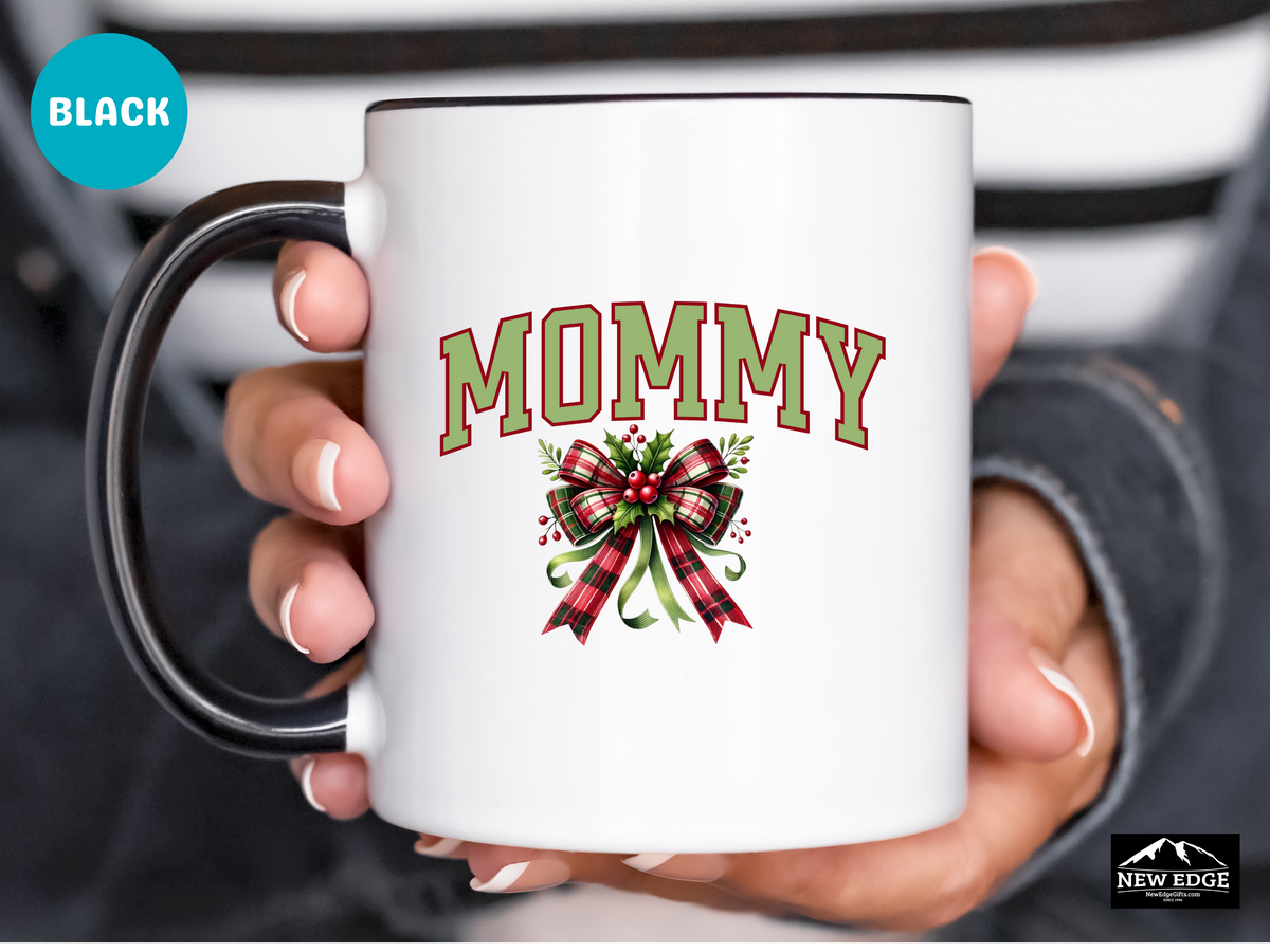 Mommy Letters Christmas Coffee Mug with Coquette Bow and Mistletoe – 11oz & 15oz Accent Mug – Cute Holiday Gift for Mommy
