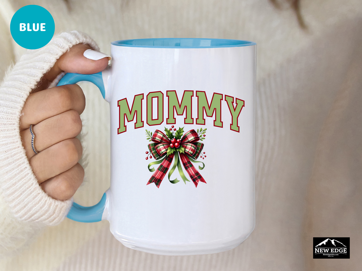 Mommy Letters Christmas Coffee Mug with Coquette Bow and Mistletoe – 11oz & 15oz Accent Mug – Cute Holiday Gift for Mommy