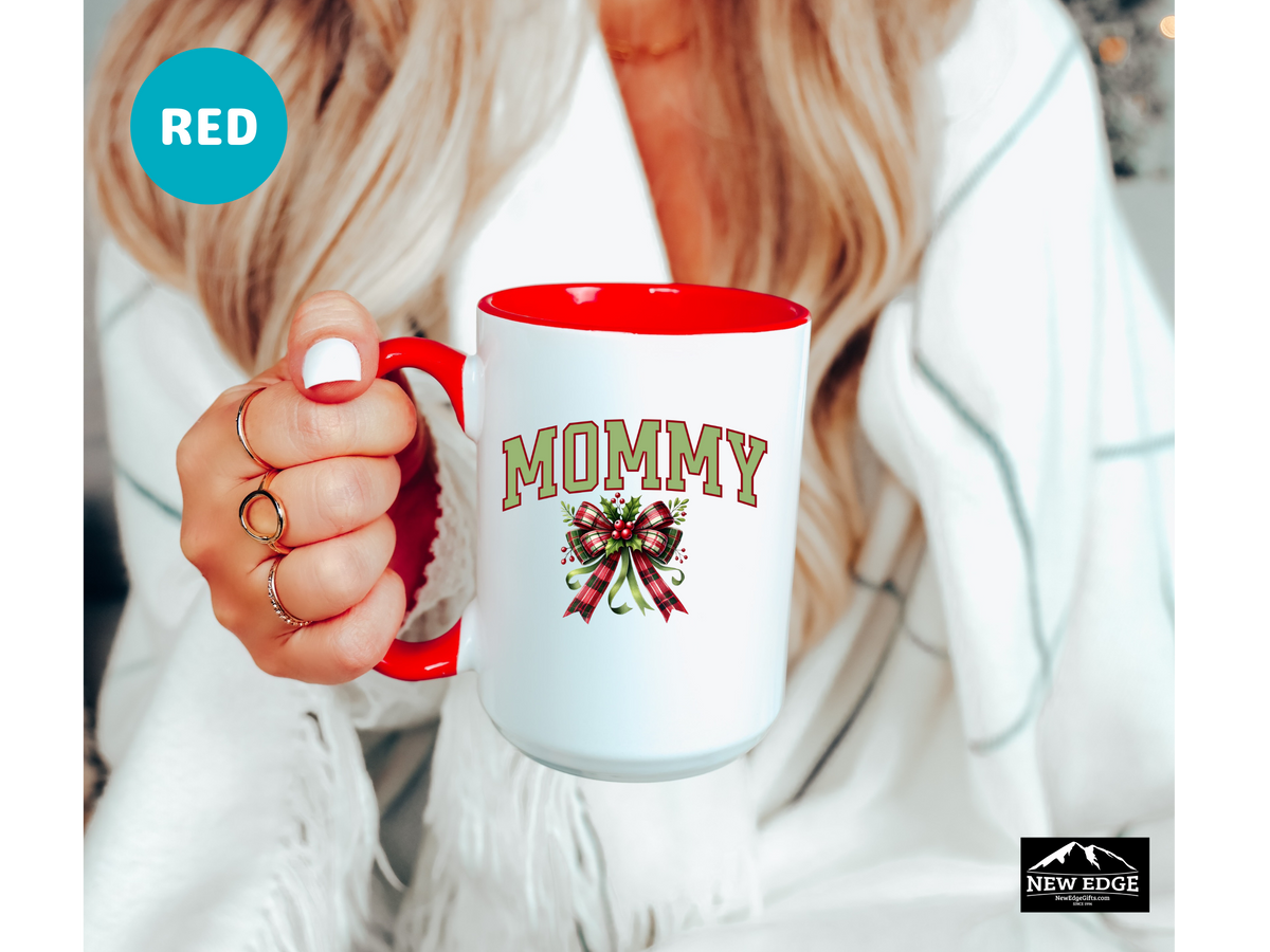 Mommy Letters Christmas Coffee Mug with Coquette Bow and Mistletoe – 11oz & 15oz Accent Mug – Cute Holiday Gift for Mommy