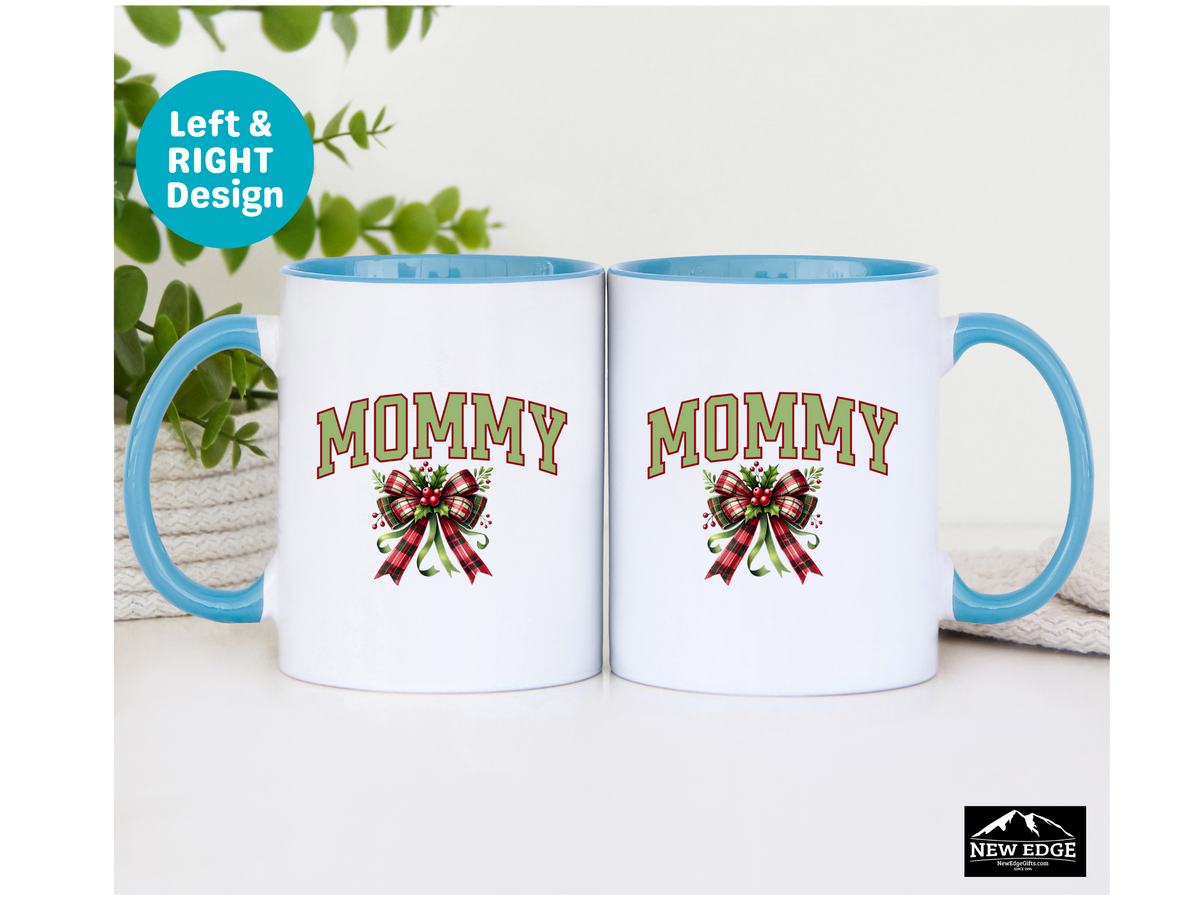 Mommy Letters Christmas Coffee Mug with Coquette Bow and Mistletoe – 11oz & 15oz Accent Mug – Cute Holiday Gift for Mommy