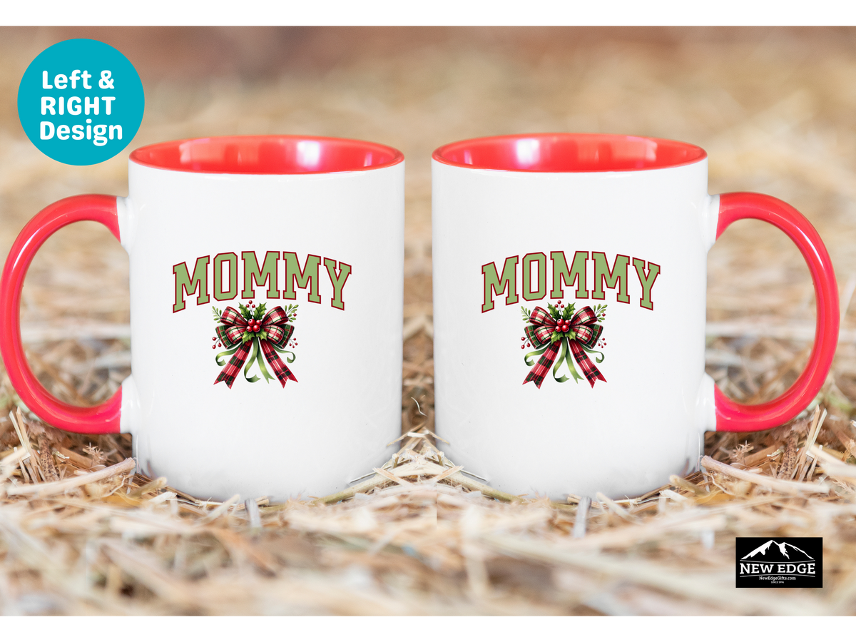 Mommy Letters Christmas Coffee Mug with Coquette Bow and Mistletoe – 11oz & 15oz Accent Mug – Cute Holiday Gift for Mommy