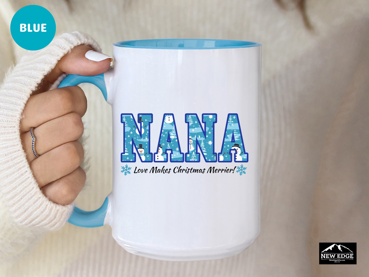 NANA Letters Christmas Coffee Mug with “NANA Love Makes Christmas Merrier” Slogan – 11oz & 15oz Accent Mug – Heartwarming Holiday Gift for Nana