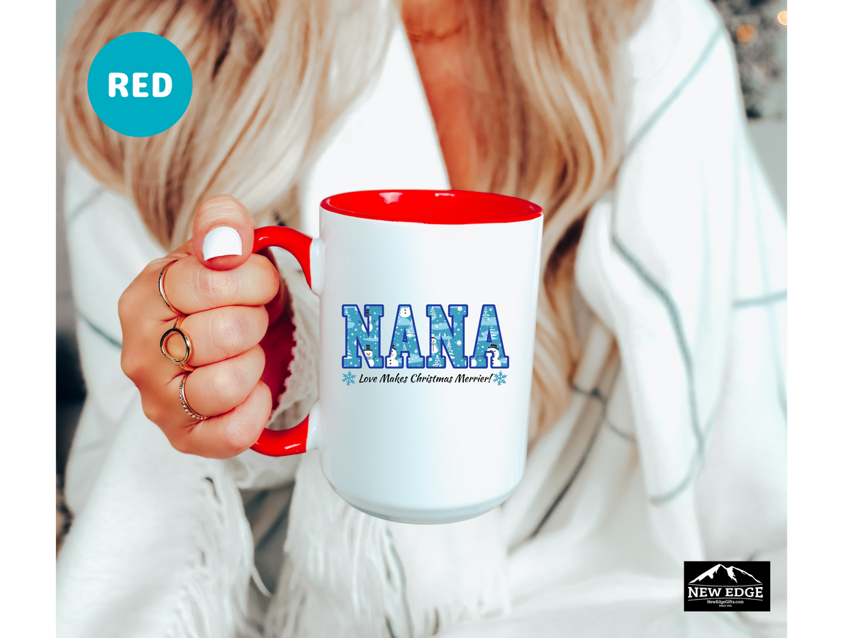 NANA Letters Christmas Coffee Mug with “NANA Love Makes Christmas Merrier” Slogan – 11oz & 15oz Accent Mug – Heartwarming Holiday Gift for Nana