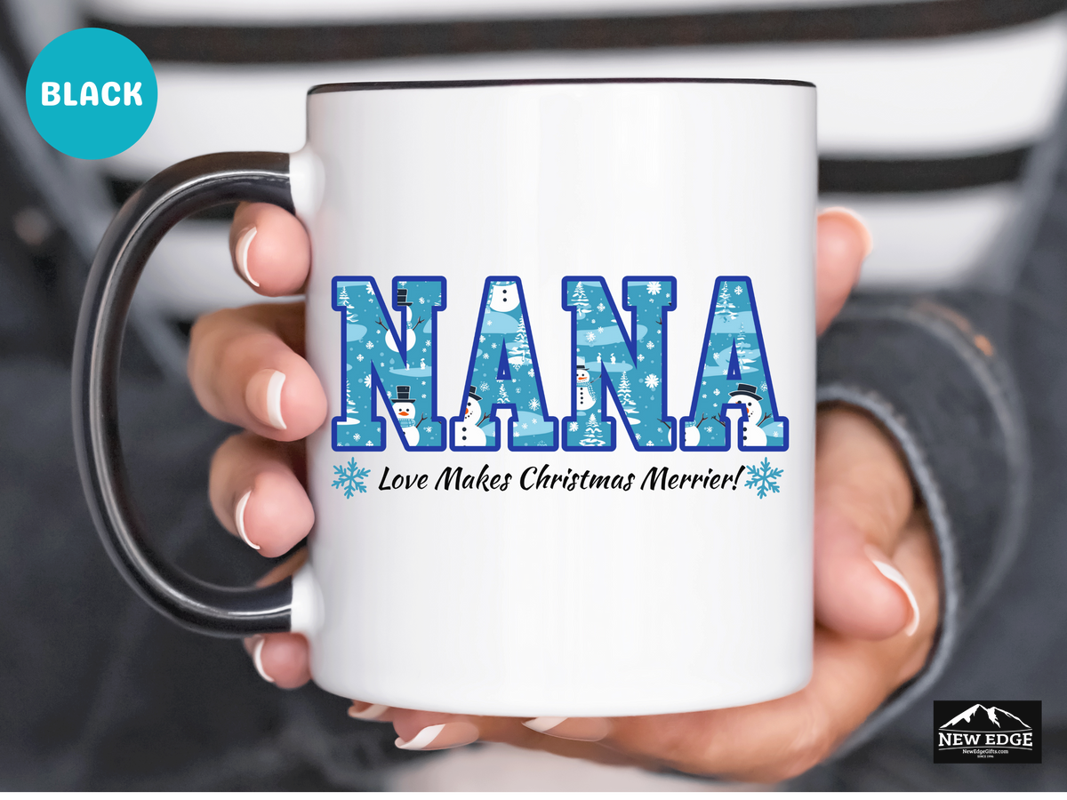 NANA Letters Christmas Coffee Mug with “NANA Love Makes Christmas Merrier” Slogan – 11oz & 15oz Accent Mug – Heartwarming Holiday Gift for Nana