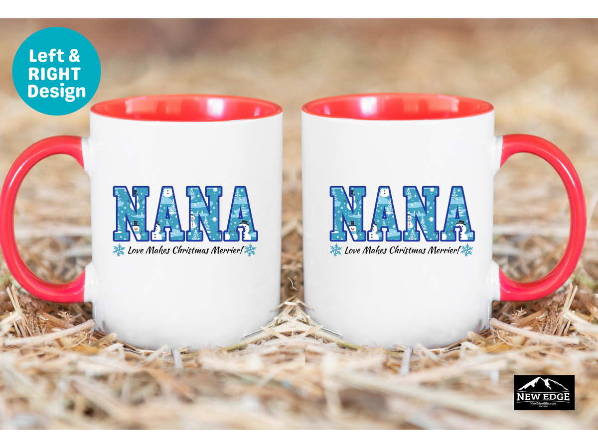NANA Letters Christmas Coffee Mug with “NANA Love Makes Christmas Merrier” Slogan – 11oz & 15oz Accent Mug – Heartwarming Holiday Gift for Nana