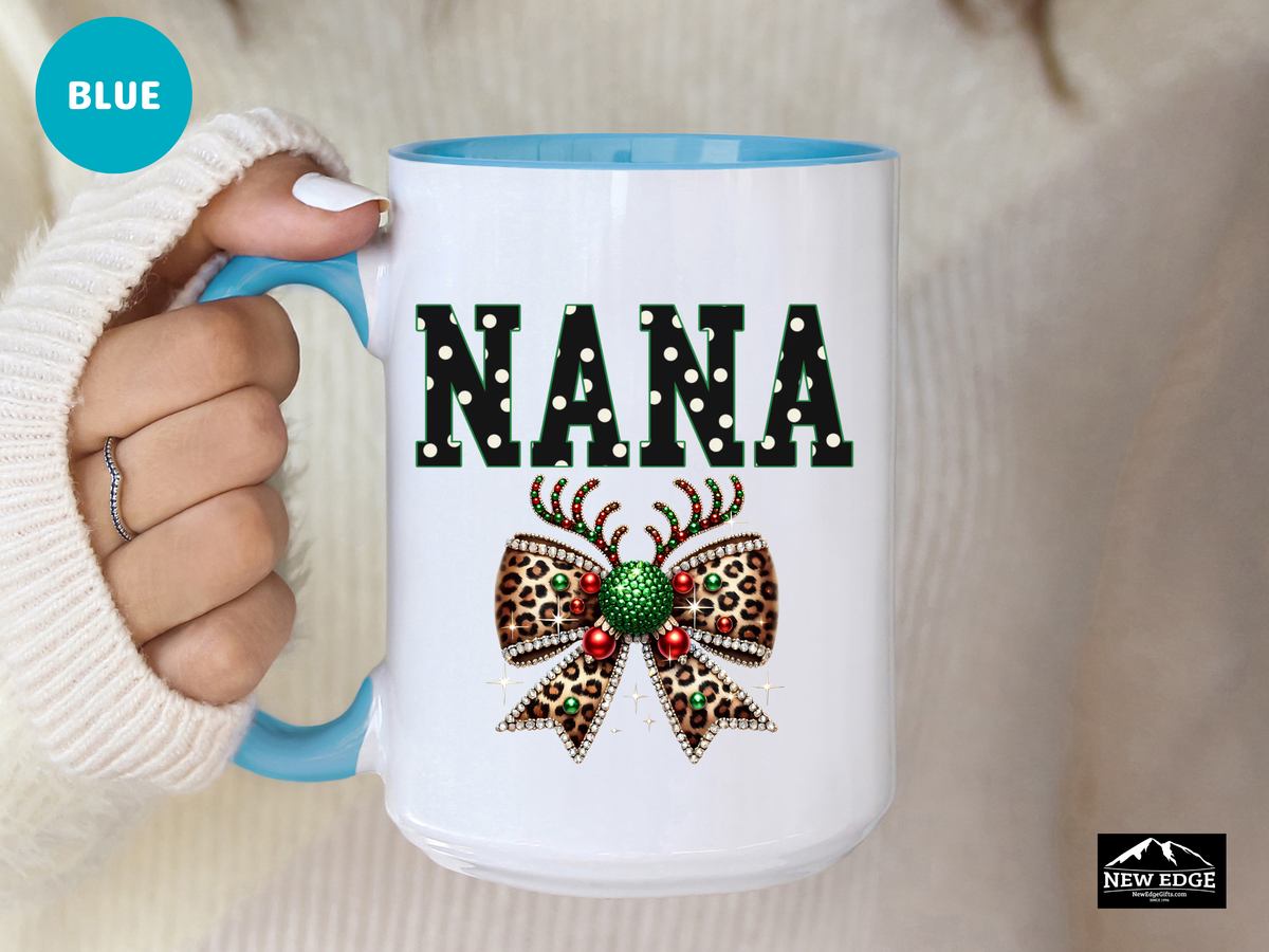 NANA Accent Mug – 11oz & 15oz – Coquette Leopard Print with Bling Bow – Fun & Stylish Coffee Cup Gift for Nana