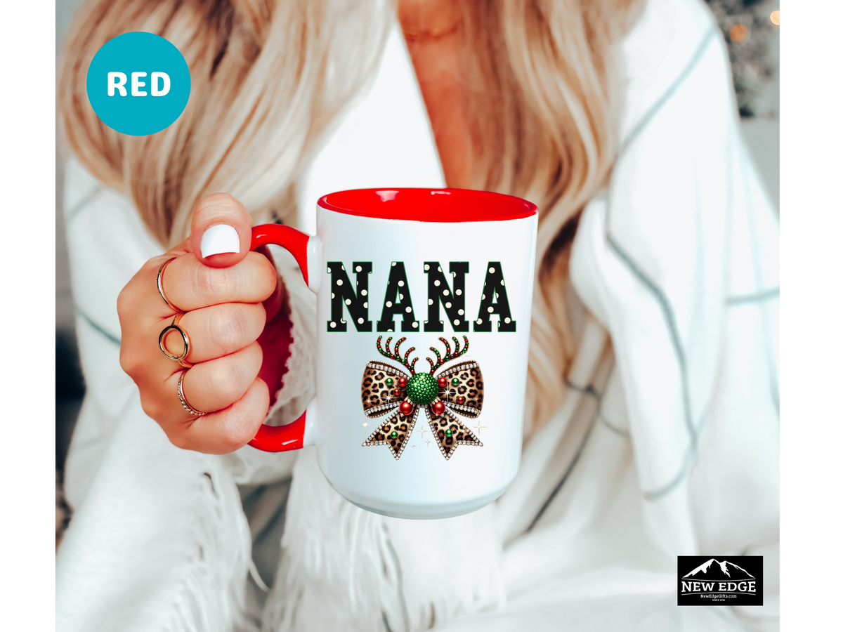 NANA Accent Mug – 11oz & 15oz – Coquette Leopard Print with Bling Bow – Fun & Stylish Coffee Cup Gift for Nana