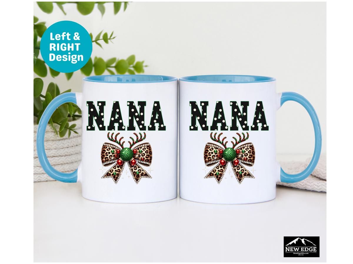 NANA Accent Mug – 11oz & 15oz – Coquette Leopard Print with Bling Bow – Fun & Stylish Coffee Cup Gift for Nana