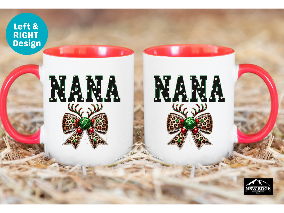 NANA Accent Mug – 11oz & 15oz – Coquette Leopard Print with Bling Bow – Fun & Stylish Coffee Cup Gift for Nana