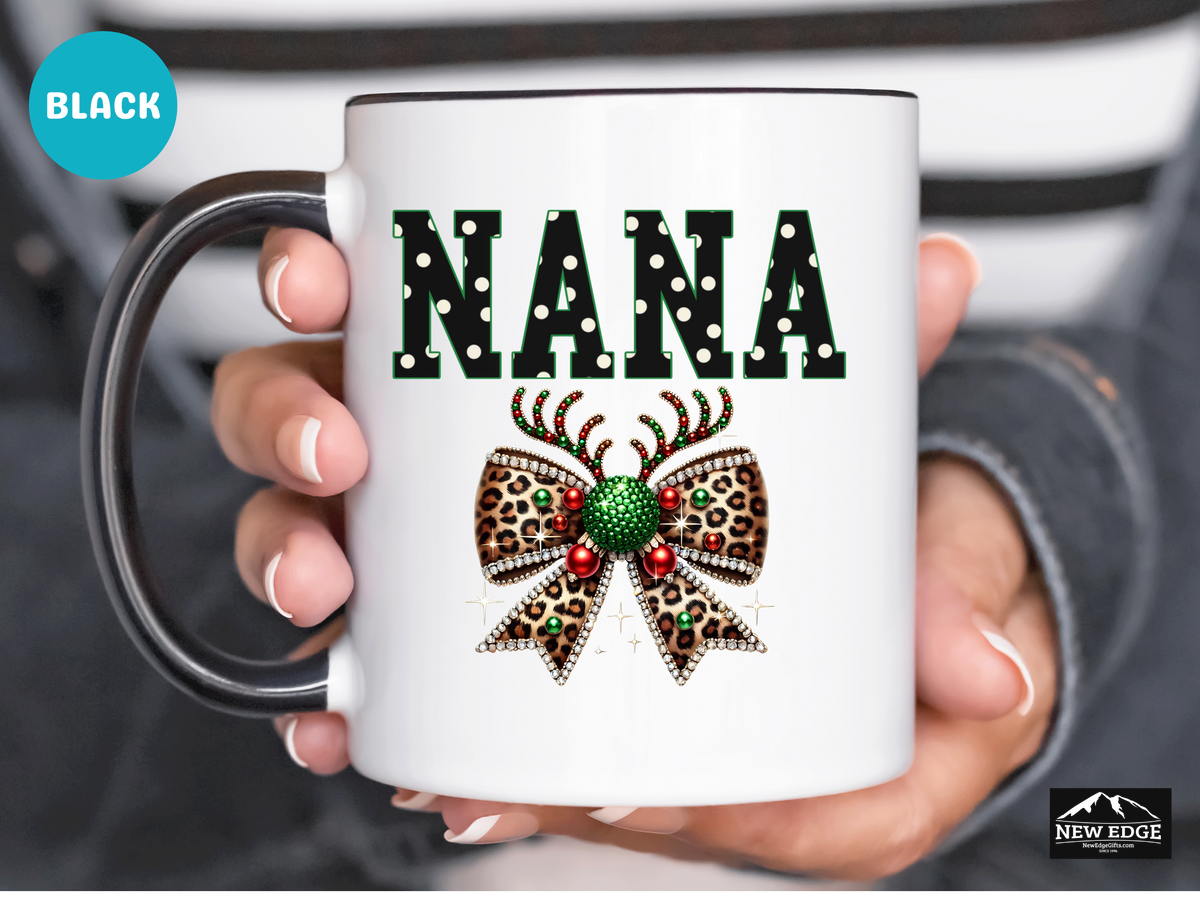NANA Accent Mug – 11oz & 15oz – Coquette Leopard Print with Bling Bow – Fun & Stylish Coffee Cup Gift for Nana