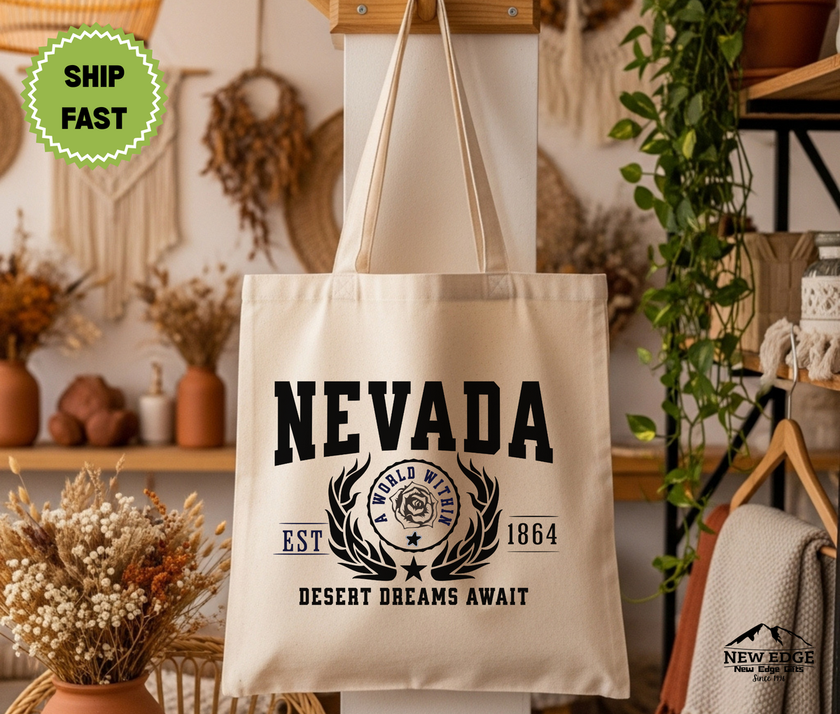 Nevada State Desert Dreams Await Cotton Canvas Tote Bag – Eco-Friendly Reusable Shopping Tote, Travel Gift & Silver State Pride Bag