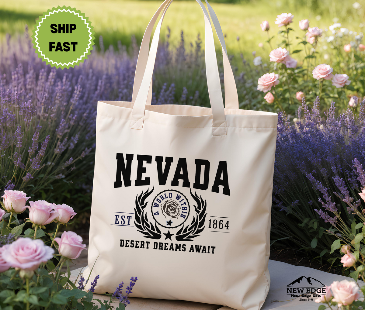Nevada State Desert Dreams Await Cotton Canvas Tote Bag – Eco-Friendly Reusable Shopping Tote, Travel Gift & Silver State Pride Bag