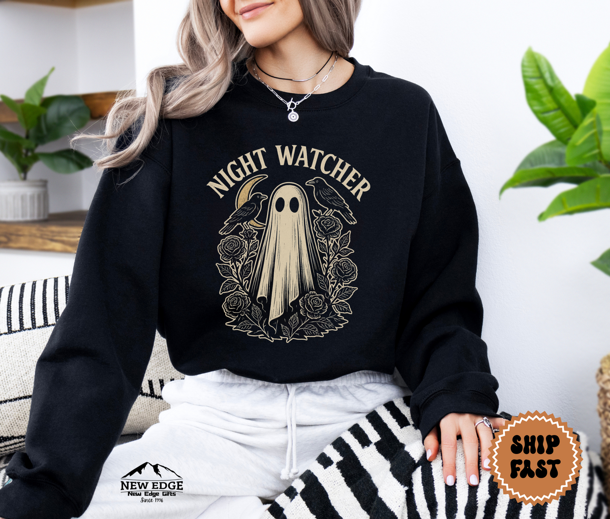 Unisex Night Watcher Halloween Sweatshirt | Gothic Ghost Crewneck Pullover | Spooky Season Sweater
