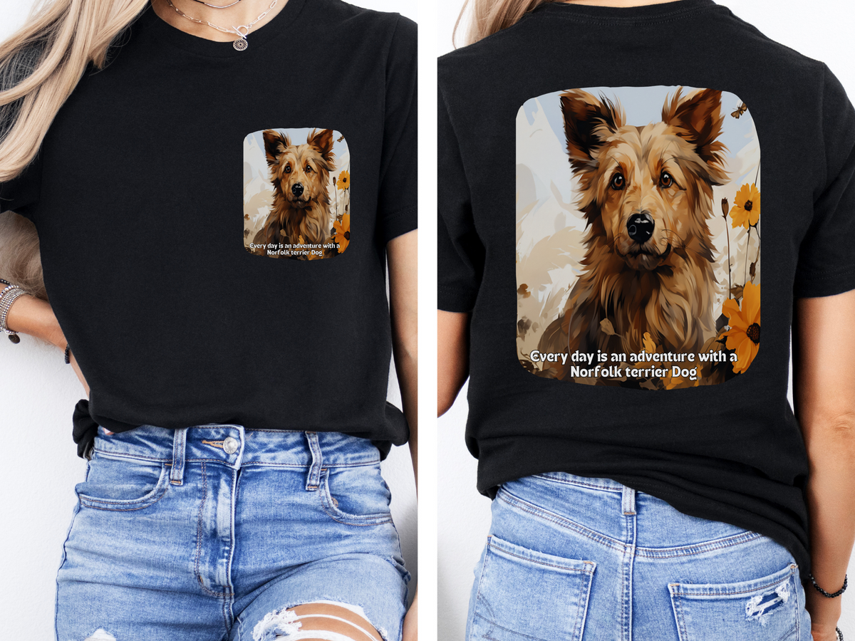Norfolk Terrier Sunflower T-Shirt – 'Every Day is an Adventure with a Norfolk Terrier' – Front & Back Design – Spirited Small Dog Lover Tee