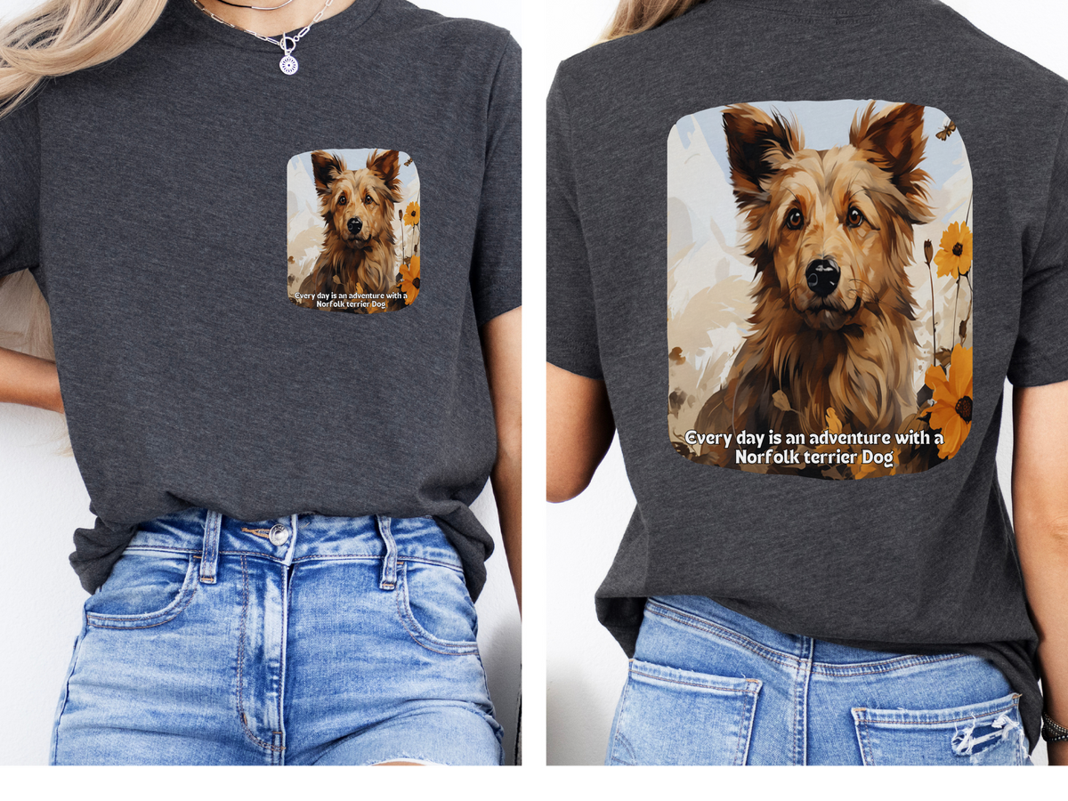 Norfolk Terrier Sunflower T-Shirt – 'Every Day is an Adventure with a Norfolk Terrier' – Front & Back Design – Spirited Small Dog Lover Tee