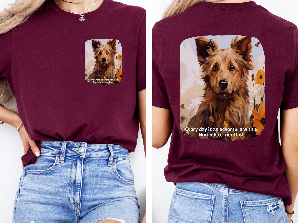 Norfolk Terrier Sunflower T-Shirt – 'Every Day is an Adventure with a Norfolk Terrier' – Front & Back Design – Spirited Small Dog Lover Tee