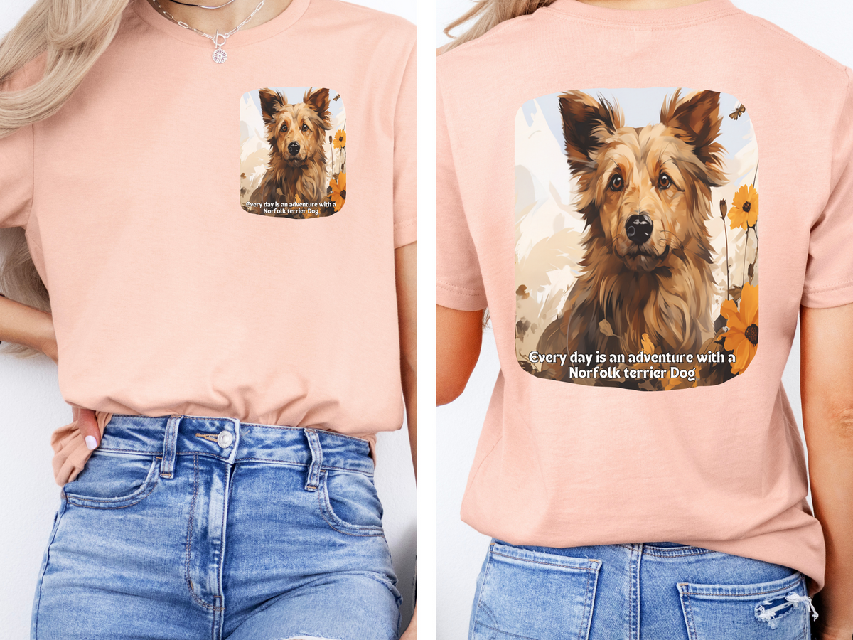 Norfolk Terrier Sunflower T-Shirt – 'Every Day is an Adventure with a Norfolk Terrier' – Front & Back Design – Spirited Small Dog Lover Tee