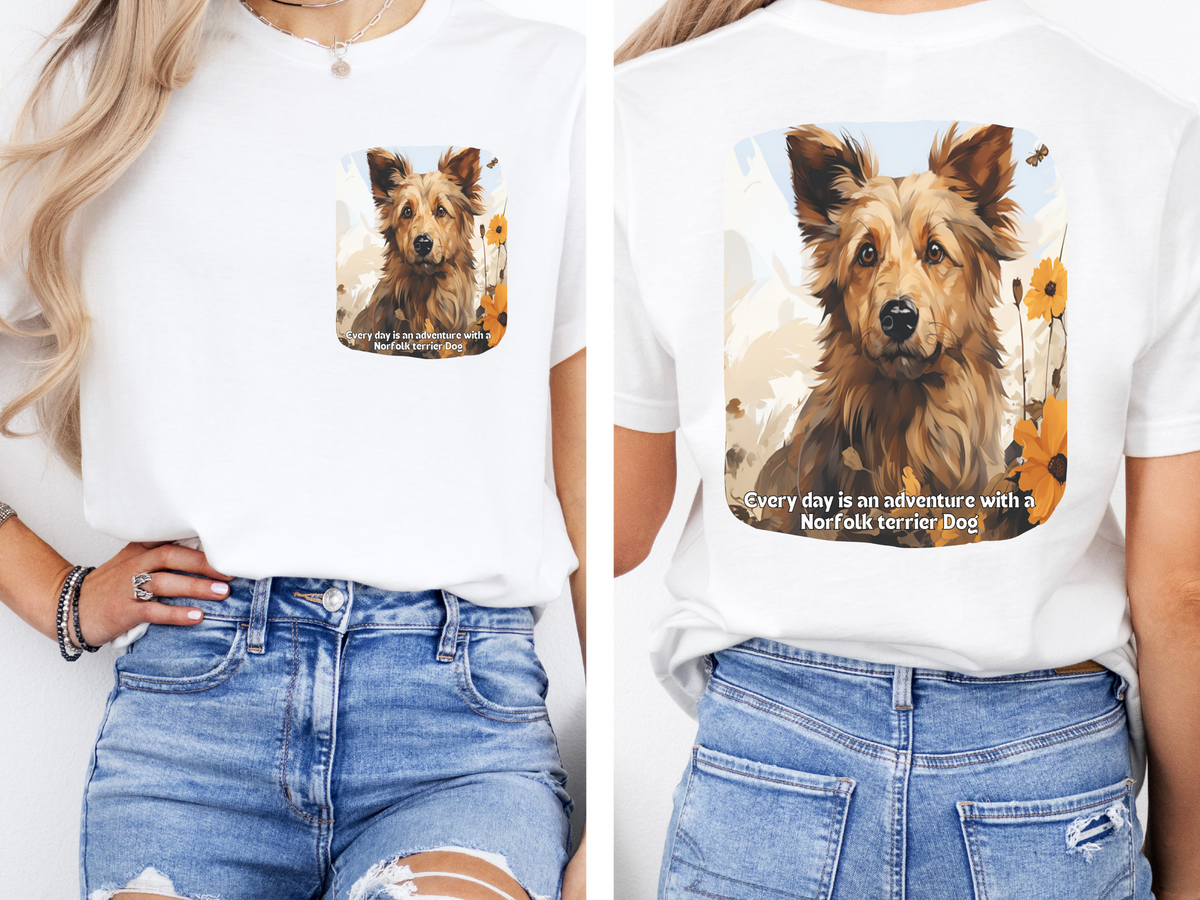Norfolk Terrier Sunflower T-Shirt – 'Every Day is an Adventure with a Norfolk Terrier' – Front & Back Design – Spirited Small Dog Lover Tee