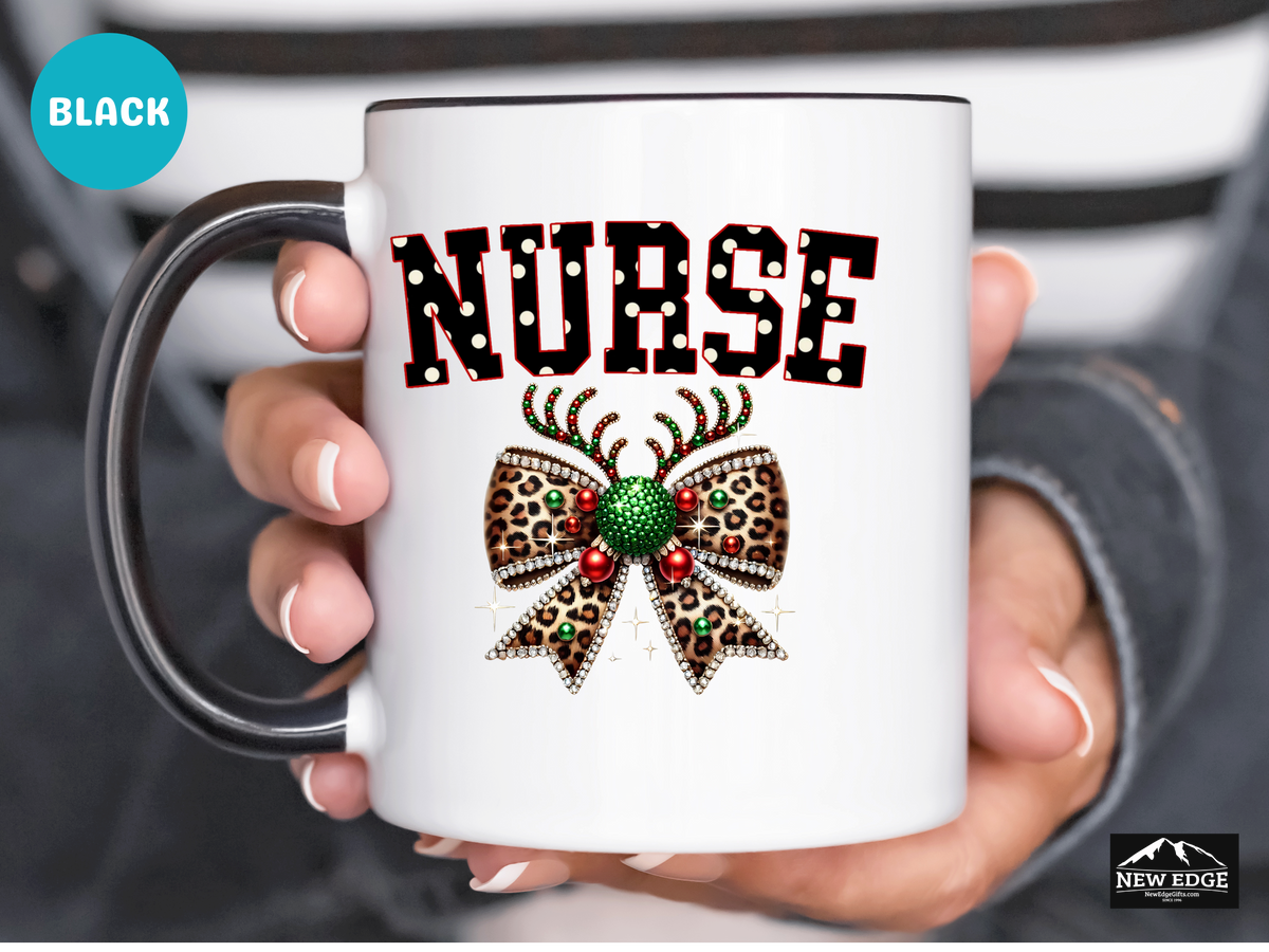 NURSE Accent Mug – 11oz & 15oz – Coquette Leopard Print with Bling Bow – Cute & Sassy Coffee Cup for Nurses