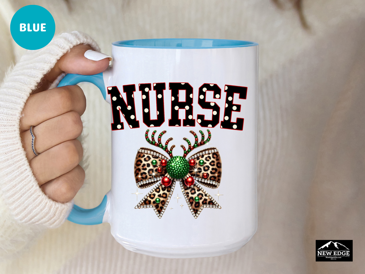 NURSE Accent Mug – 11oz & 15oz – Coquette Leopard Print with Bling Bow – Cute & Sassy Coffee Cup for Nurses