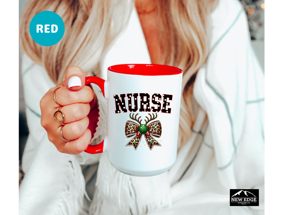 NURSE Accent Mug – 11oz & 15oz – Coquette Leopard Print with Bling Bow – Cute & Sassy Coffee Cup for Nurses