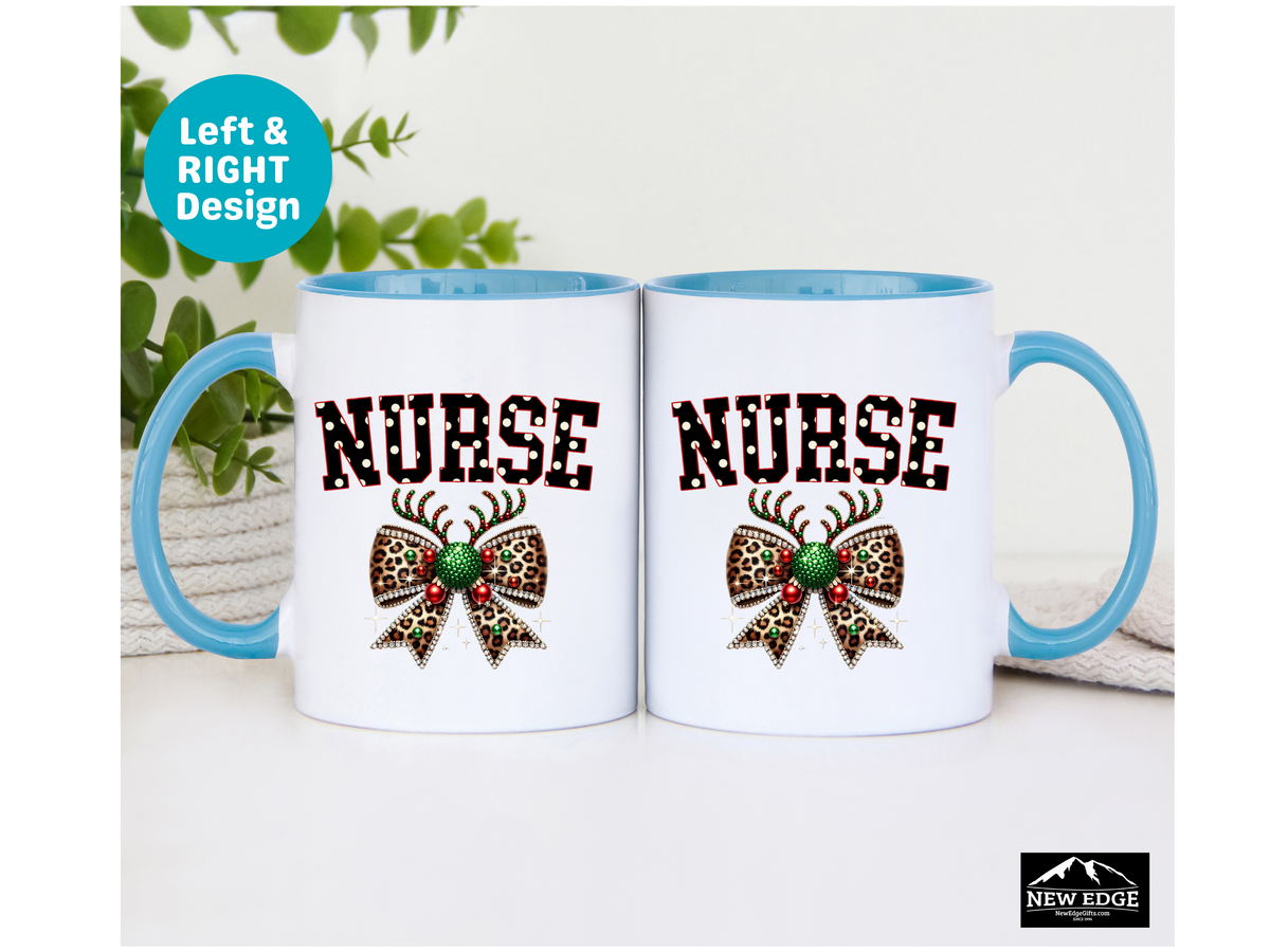 NURSE Accent Mug – 11oz & 15oz – Coquette Leopard Print with Bling Bow – Cute & Sassy Coffee Cup for Nurses