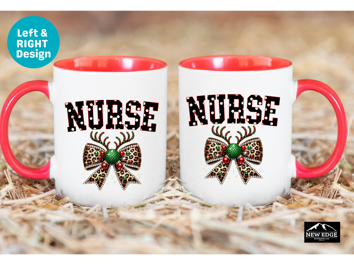 NURSE Accent Mug – 11oz & 15oz – Coquette Leopard Print with Bling Bow – Cute & Sassy Coffee Cup for Nurses