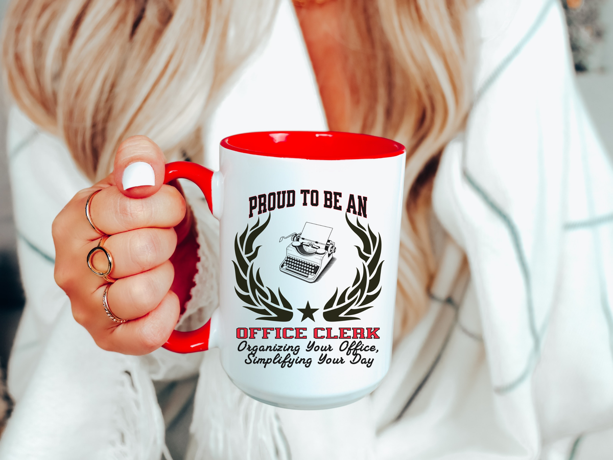 PROUD TO BE AN OFFICE CLERK Accent Coffee Mug – “Organizing Your Office, Simplifying Your Day” – Admin & Clerical Gift by New Edge Gifts and Novelties