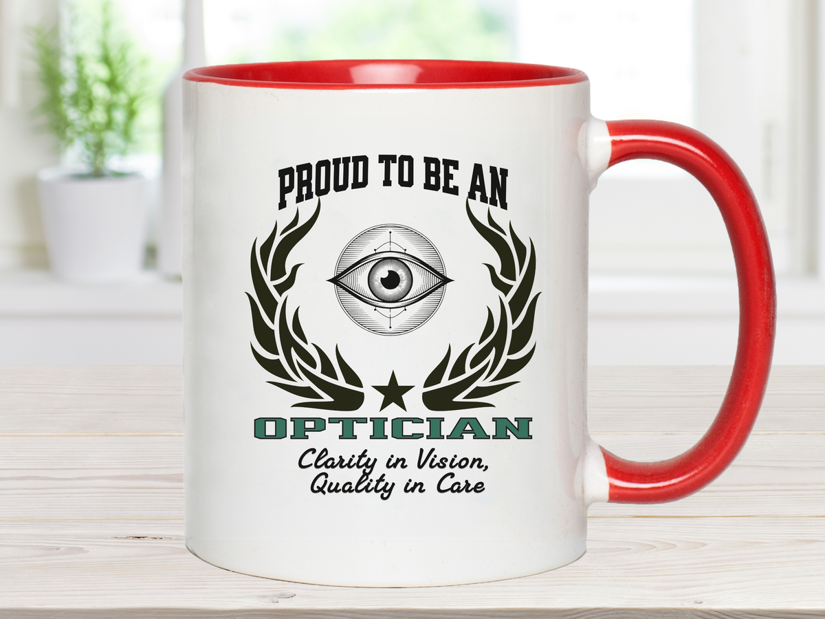 PROUD TO BE AN OPTICIAN Accent Coffee Mug – “Clarity in Vision, Quality in Care” – Eye Care Professional Gift by New Edge Gifts and Novelties