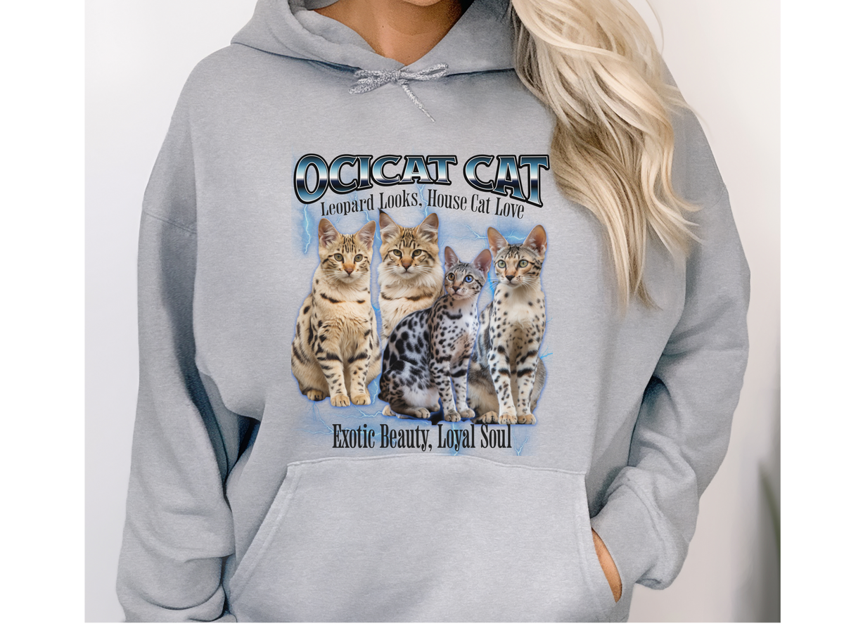 Ocicat Cat Hoodie – Unisex Bootleg Collage Sweatshirt | Leopard Looks, House Cat Love