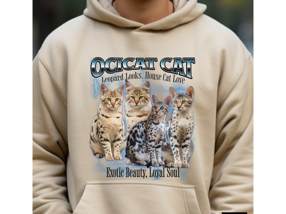 Ocicat Cat Hoodie – Unisex Bootleg Collage Sweatshirt | Leopard Looks, House Cat Love