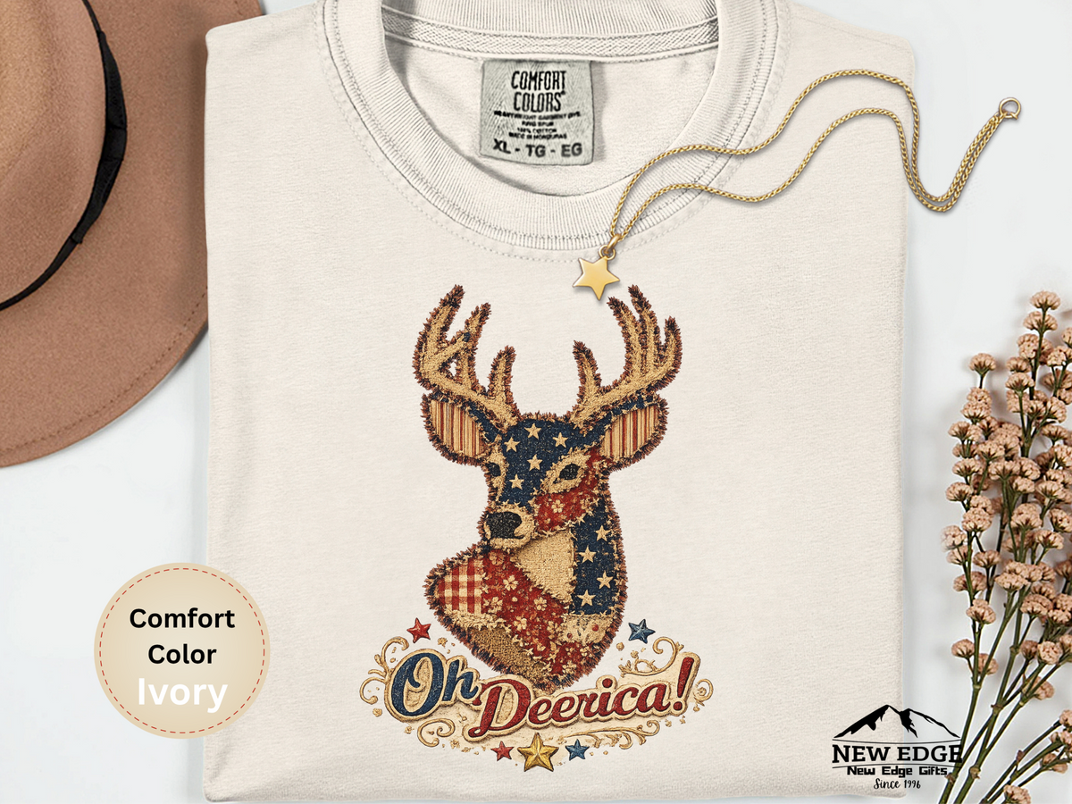 Oh Deerica Faux Patchwork Patriotic Deer Comfort Colors T Shirt Vintage Americana USA Pride Graphic Tee