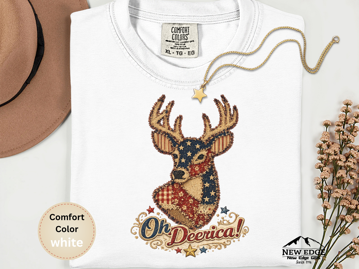 Oh Deerica Faux Patchwork Patriotic Deer Comfort Colors T Shirt Vintage Americana USA Pride Graphic Tee