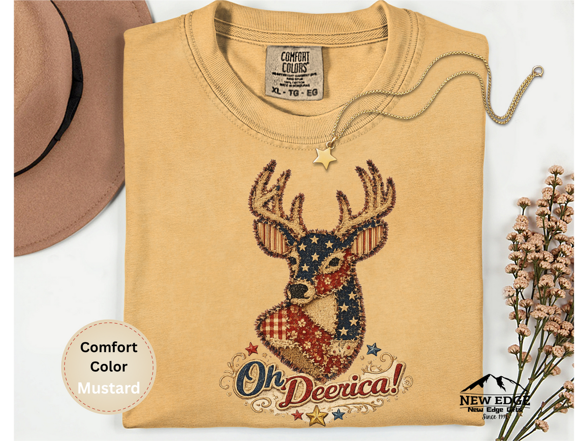 Oh Deerica Faux Patchwork Patriotic Deer Comfort Colors T Shirt Vintage Americana USA Pride Graphic Tee