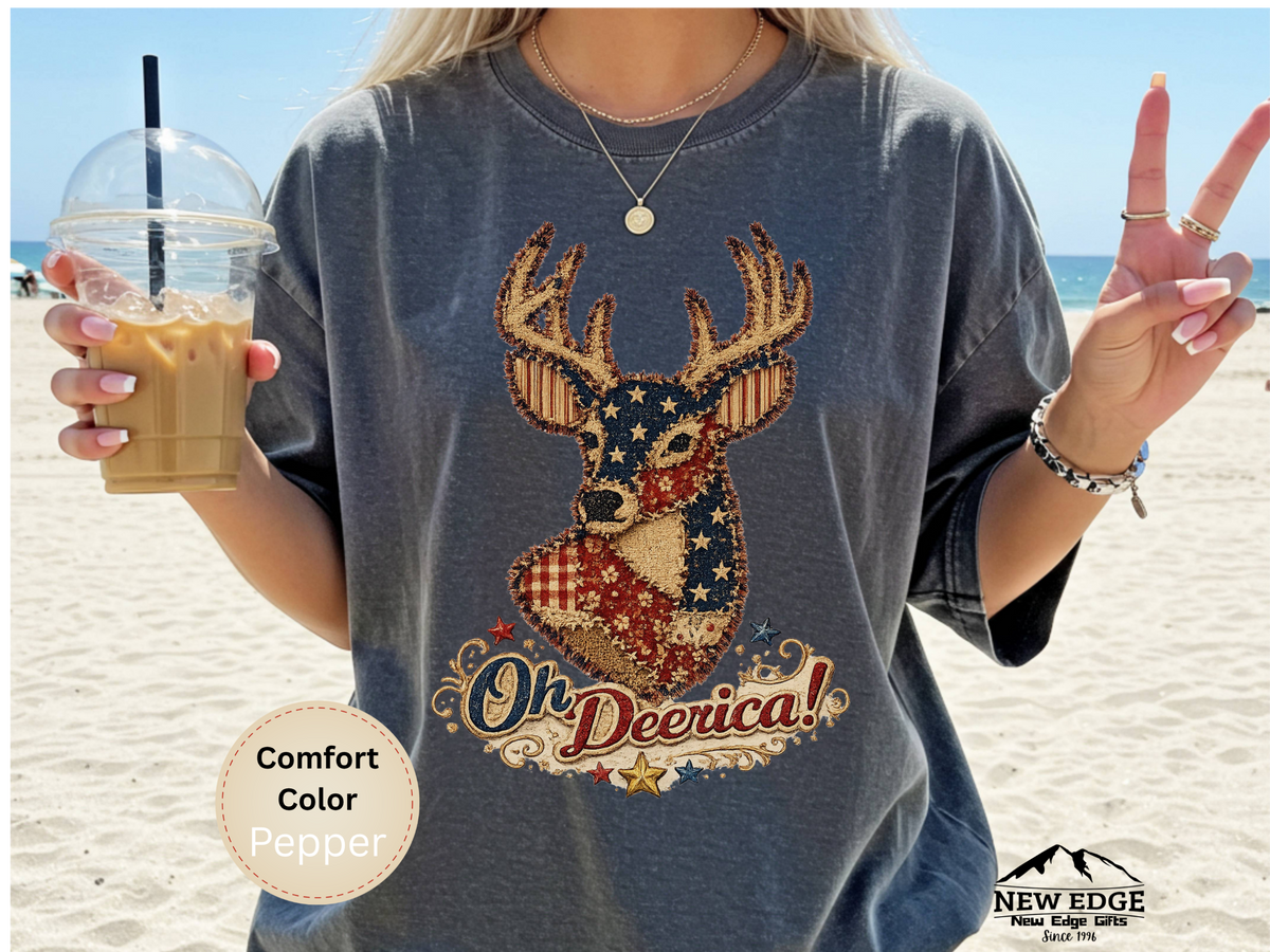 Oh Deerica Faux Patchwork Patriotic Deer Comfort Colors T Shirt Vintage Americana USA Pride Graphic Tee