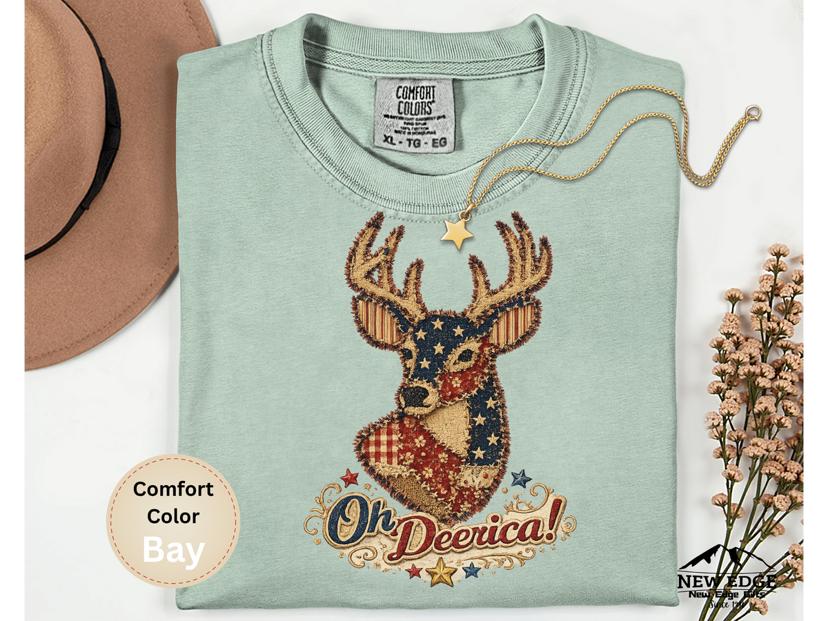 Oh Deerica Faux Patchwork Patriotic Deer Comfort Colors T Shirt Vintage Americana USA Pride Graphic Tee