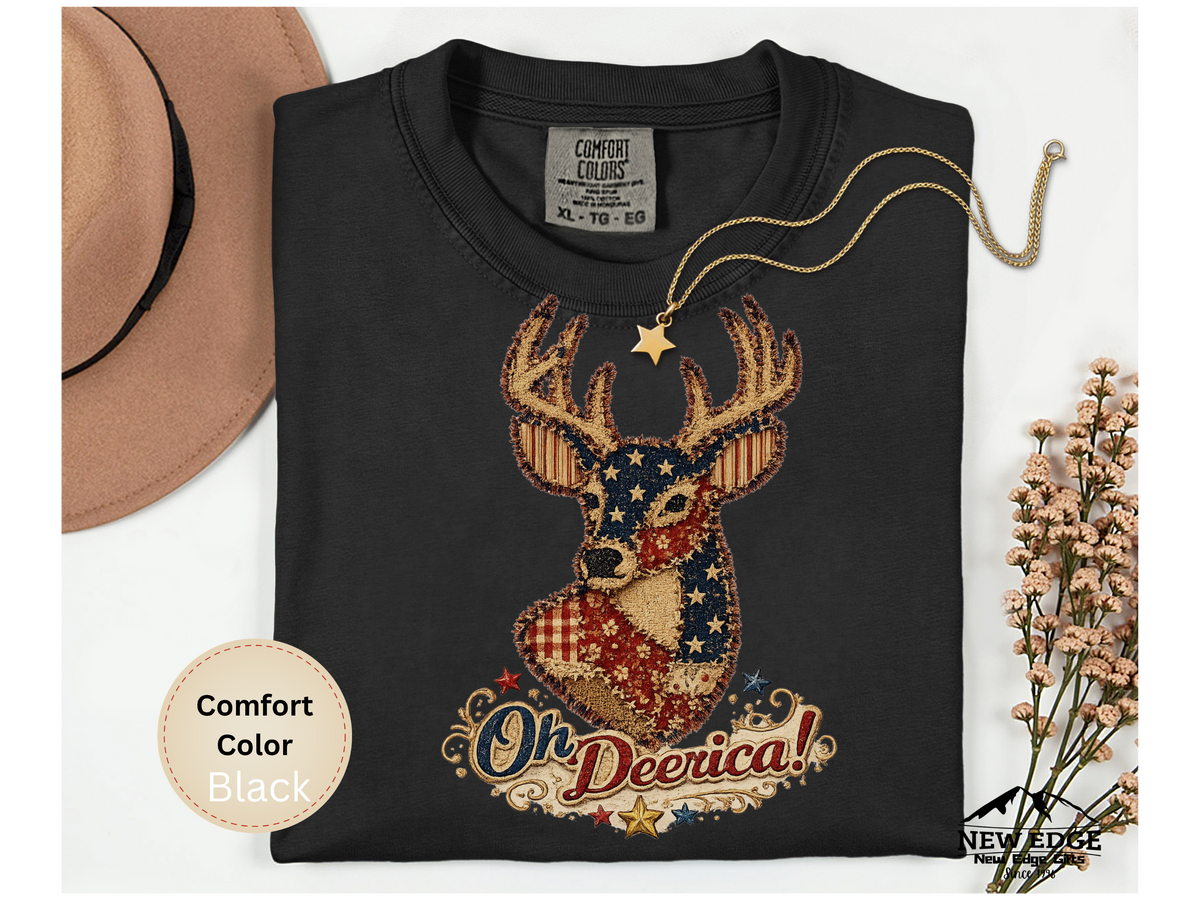 Oh Deerica Faux Patchwork Patriotic Deer Comfort Colors T Shirt Vintage Americana USA Pride Graphic Tee