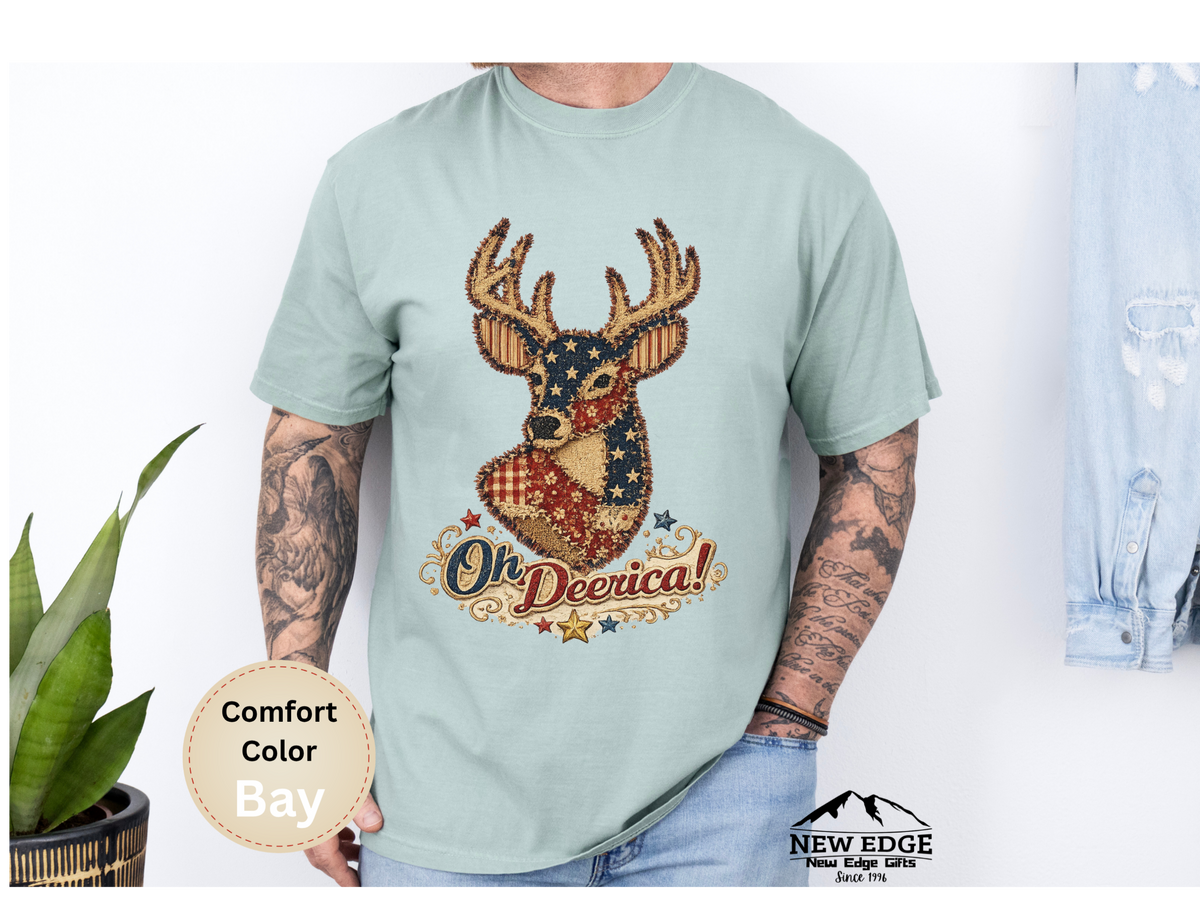 Oh Deerica Faux Patchwork Patriotic Deer Comfort Colors T Shirt Vintage Americana USA Pride Graphic Tee