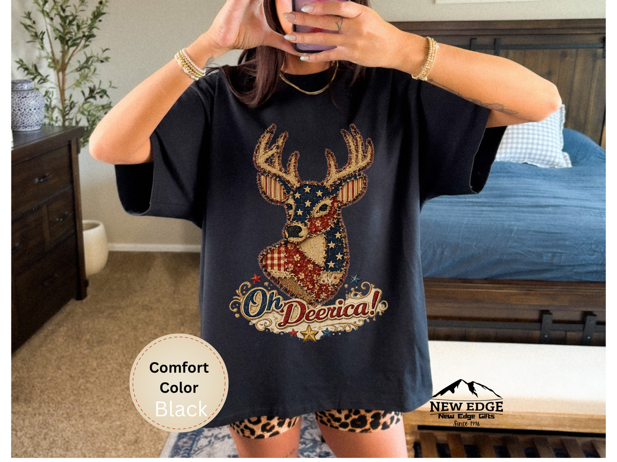 Oh Deerica Faux Patchwork Patriotic Deer Comfort Colors T Shirt Vintage Americana USA Pride Graphic Tee