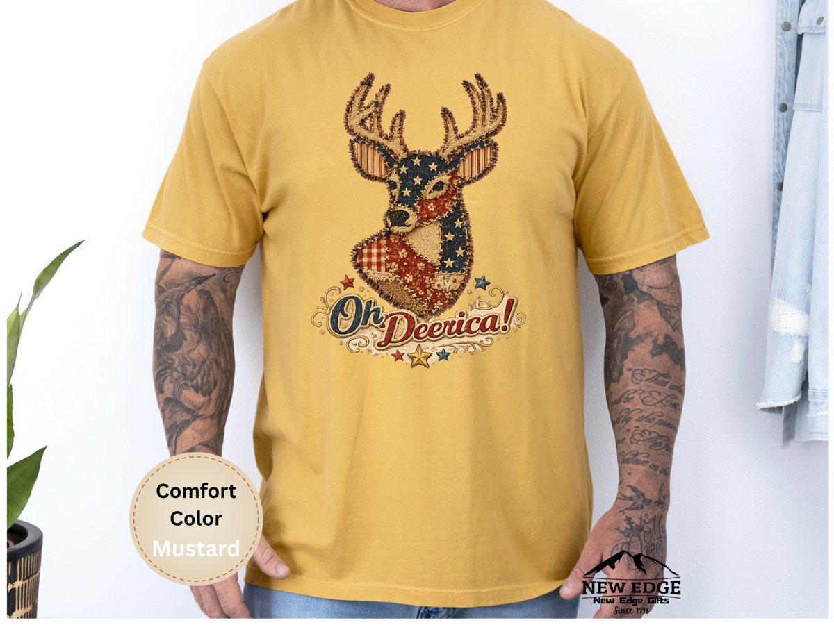 Oh Deerica Faux Patchwork Patriotic Deer Comfort Colors T Shirt Vintage Americana USA Pride Graphic Tee