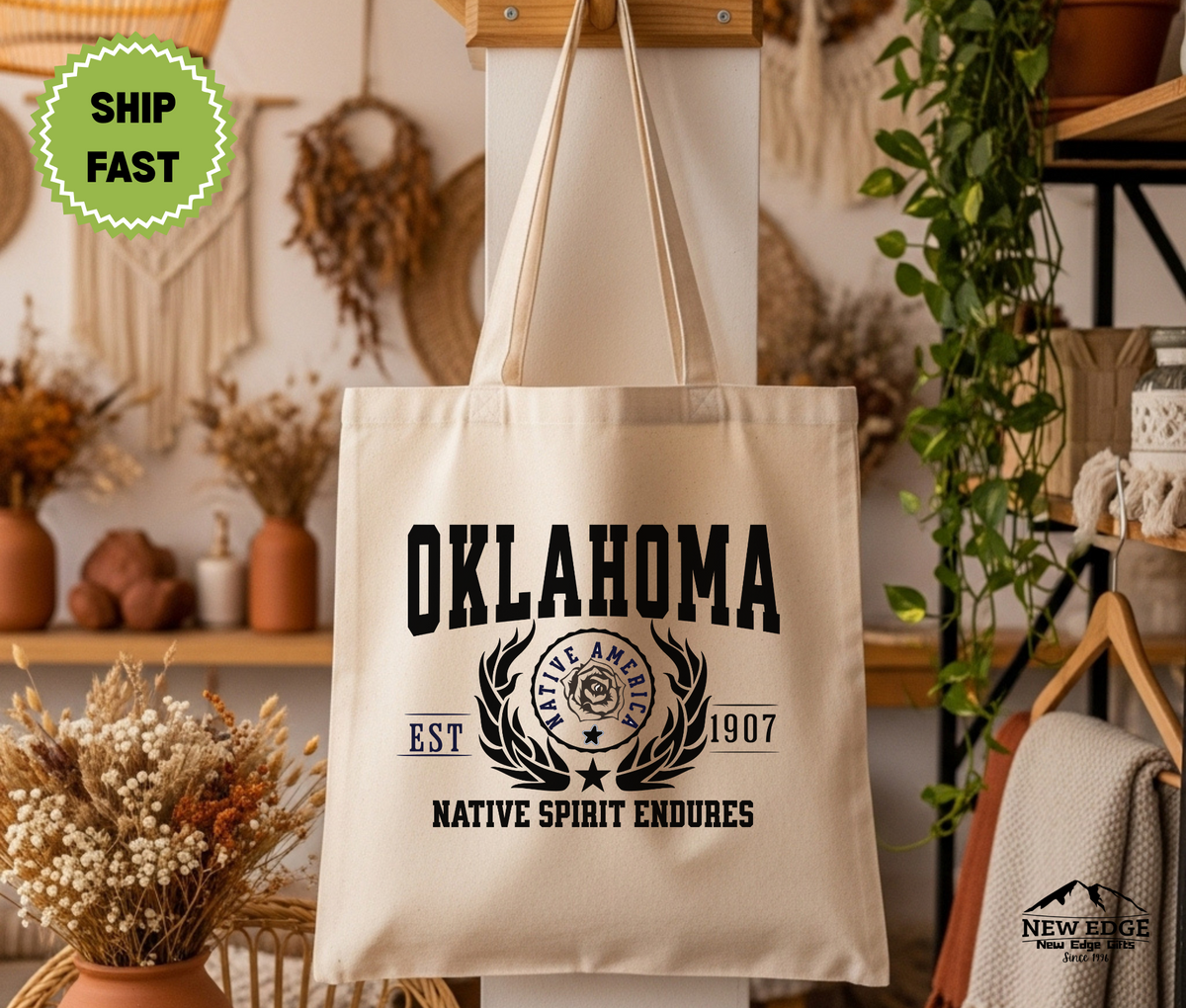 Oklahoma State Native Spirit Endures Cotton Canvas Tote Bag – Eco-Friendly Reusable Shopping Tote, Travel Gift & Sooner State Pride Bag