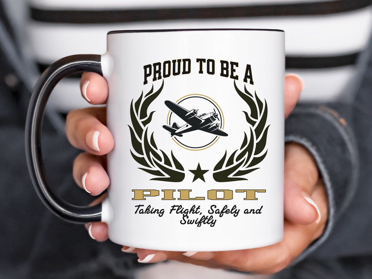 PROUD TO BE A PILOT Accent Coffee Mug – “Taking Flight, Safely and Swiftly” – Aviation Gift by New Edge Gifts and Novelties