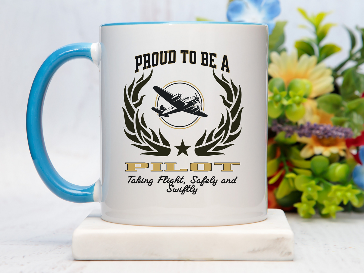 PROUD TO BE A PILOT Accent Coffee Mug – “Taking Flight, Safely and Swiftly” – Aviation Gift by New Edge Gifts and Novelties