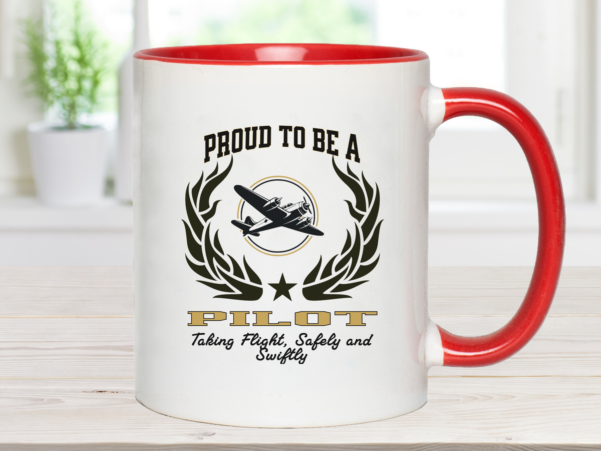 PROUD TO BE A PILOT Accent Coffee Mug – “Taking Flight, Safely and Swiftly” – Aviation Gift by New Edge Gifts and Novelties