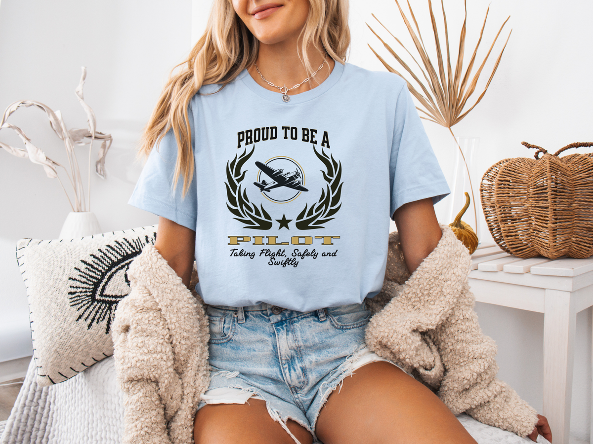 Proud to Be a Pilot T-Shirt – Unisex Aviation T-Shirt for Commercial, Private & Student Pilots – Flying Slogan Tee "Taking Flight, Safely and Swiftly"