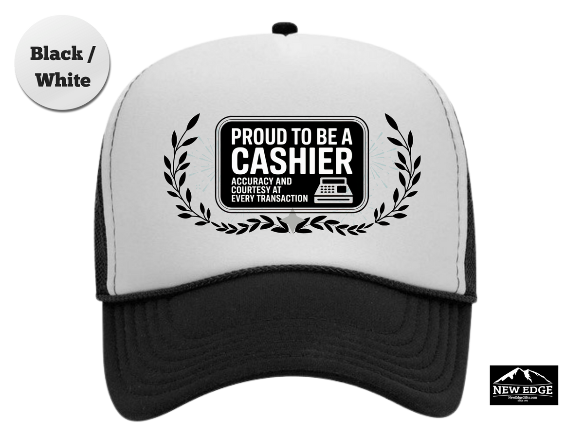 Cashier Trucker Hat – Proud to Be a Cashier, Accuracy & Courtesy at Every Transaction – Retail Work Mesh Cap Gift