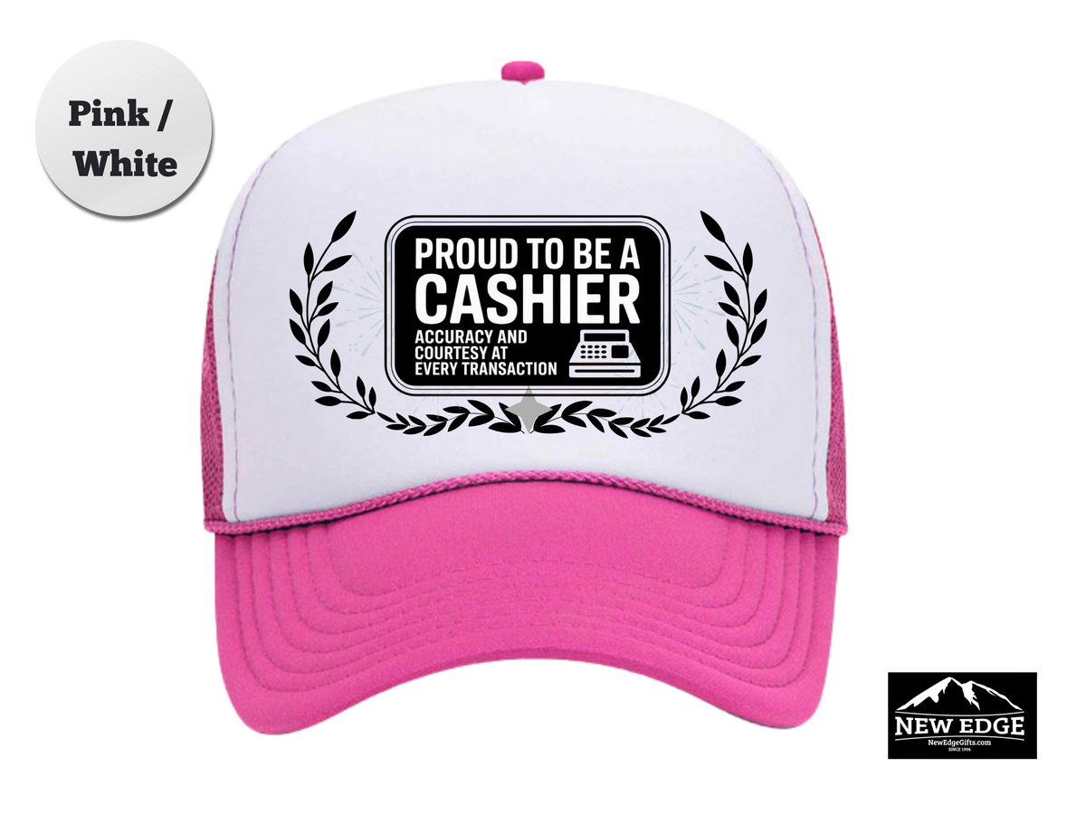 Cashier Trucker Hat – Proud to Be a Cashier, Accuracy & Courtesy at Every Transaction – Retail Work Mesh Cap Gift